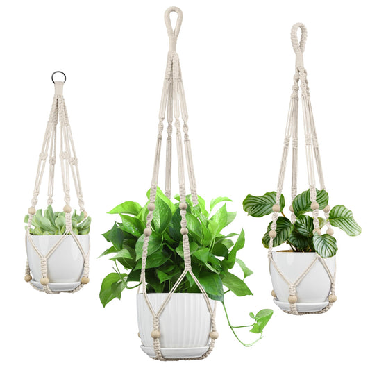 IDEEEPAN Macrame Plant Hanger - Fits 4 to 13 inches Pots for Indoor Outdoor, 35"/29"/23" Different Sizes Set, Ivory (POTS NOT Included)