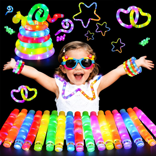 AUTOKAKUM Halloween Glow Sticks Toys for Toddler Kids,24 pcs LED Light Up Pop Tubes Necklaces Bracelets, Camping Glow the Dark Party Supplies, Sensory Toys for Birthday Christmas Gift (24 pack)