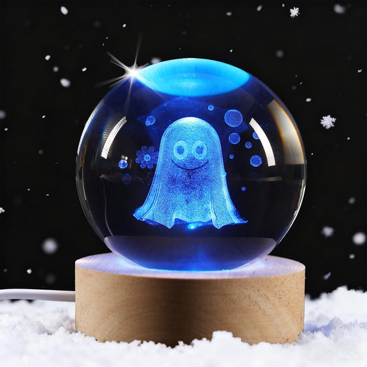 YummyCarrot 3D Ghost Crystal Ball Night Light,2.36inch Laser Engraved Led Light with Wooden Base, Gifting Box for Birthday Xmas Cool Figurines Gifts for Halloween Room Decor Boys Girls