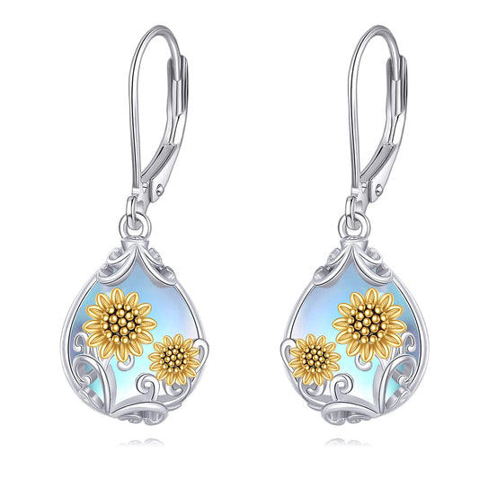 POPLYKE Moonstone Sunflower Teardrop Drop Dangle Earrings Sterling Silver Sunflower Leverback Earrings Moonstone Jewelry Gifts for Women
