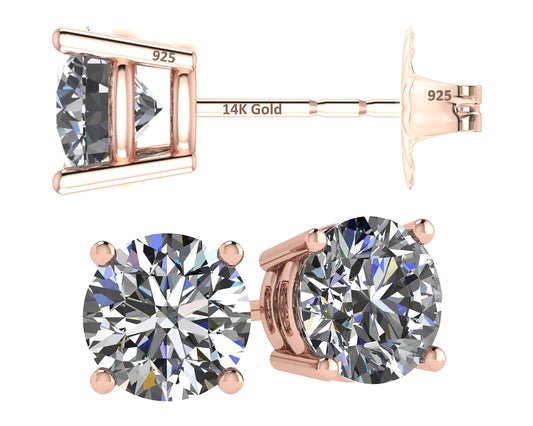 Central Diamond Center 14K Solid Gold Post & Sterling Silver Made with Swarovski 4 Prong CZ Stud Earrings - Rose Gold Plated - 5.50mm - 1.50cttw