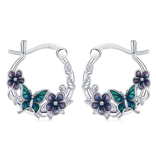 JUSTKIDSTOY Butterfly Earrings 925 Sterling Silver Purple Flower Hoop Earrings Jewelry Butterfly Graduation Gifts for Women Daughter Her