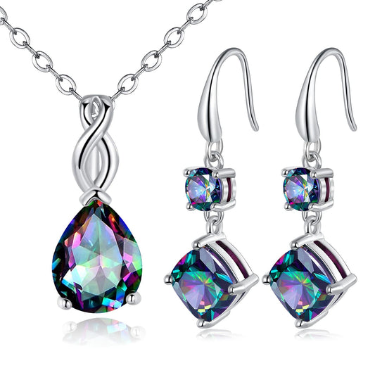 VOLUKA 18K White Gold Plated Created Rainbow Mystic Quartz Teardrop Pendant Necklace and Dangle Earrings Drops Jewelry Set for Women