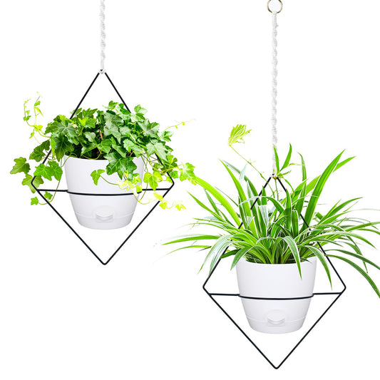 Koalaime Hanging Planters for Indoor Plants, 2 Set Self Watering Hanging Flower Pots, Modern Hanging Plant Baskets with Metal Plant Holder & 6.5 Inch Plastic Pots for Garden Home Decor (White)