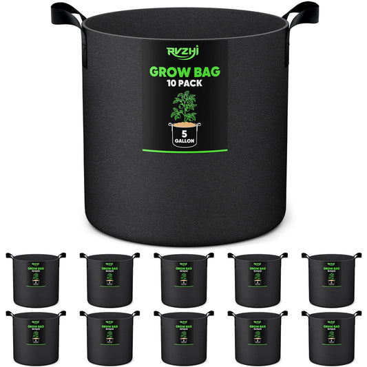 RVZHI Grow Bags for Potato 5-Gallon: 10 Pack Black 350G Heavy Duty Thickened Fabric Pots with Handles & Labels - Nonwoven Gardening Containers for Growing Plants Vegetable Fruit Tomato Flowers Herbs
