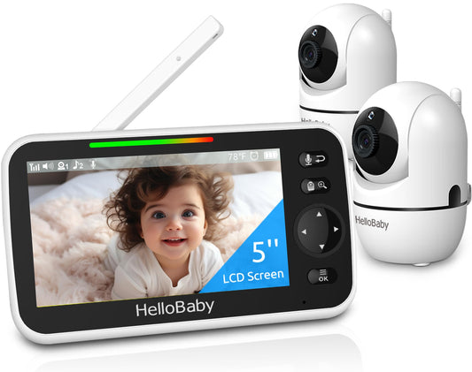 HelloBaby 5’’ Baby Monitor with 26-Hour Battery, 2 Cameras Pan-Tilt-Zoom, 1000ft Range Video Audio Baby Monitor No WiFi, VOX, Night Vision, 2-Way Talk, 8 Languages and Baby Registry Search