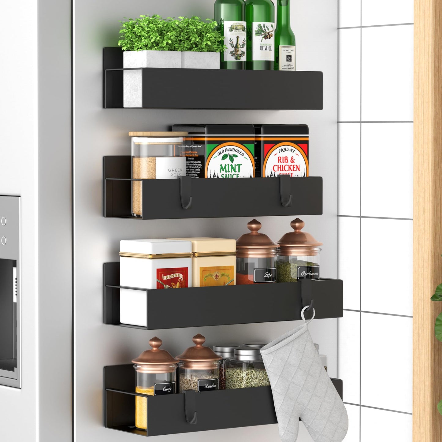 HuggieGems 4 Pack Magnetic Spice Storage Rack Organizer for Refrigerator and Oven, Black Fridge Organizers and Storage