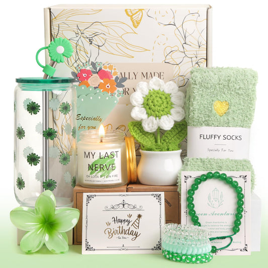 Birthday Gifts for Women, Teen Girls, Her, Unique Happy Birthday Gift Baskets for Best Friend Sister Daughter, Women Mother Gifts Box for Girls Wife Girlfriends, 14pcs Cute Daisy Gift Set(Green)