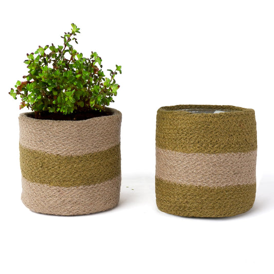 Eco Living Jute Planter Basket-Woven Jute Rope Covers for Decorating Indoor/Outdoor Succulents, Small Plant Pots-Set of 2-Multi-Purpose Storage Bins 4.5 Inches - Modern Style Décor - Olive & Natural