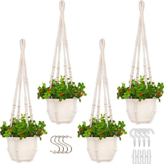 petonfun Macrame Plant Hanger Indoor,Hanging Planters for Indoor Plants with 8 Hooks,Outdoor Hanging Plant Holder Crochet for Window,Ceiling Boho Home Decor Basket Pot,White 4 Pack,Ivory