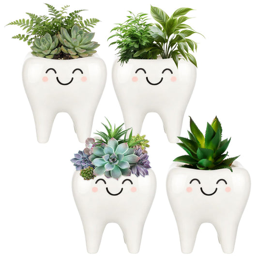 FoldTier Dental Hygienist Gifts Cute Tooth Shaped Planters Ceramic Succulent Cactus Flower Pot Funny Mini Office Pen Holder for Dental Assistant Graduation Accessories Dentist Office Decor(4 Pcs)