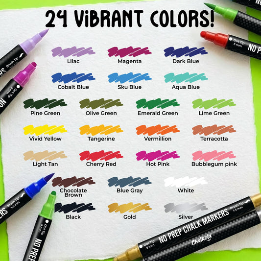 Chalkola Dual Tip Chalk Markers for Blackboard - (24 Colors, Dot + Brush Tip, No Pumping) | Erasable Liquid Chalk Markers for Chalkboard, Glass, Car Window, Mirror - Washable Water Based Ink Pen