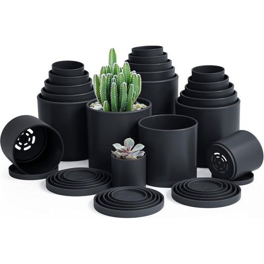 D'vine Dev Pack of 20 Plastic Plant Pots (4 Set of 2 Inch, 2.5 Inch, 3 Inch, 3.5 Inch, 4 Inch) Small Garden Planter Pots for Plant with Drainage Holes and Saucers, Black, 74-U-B