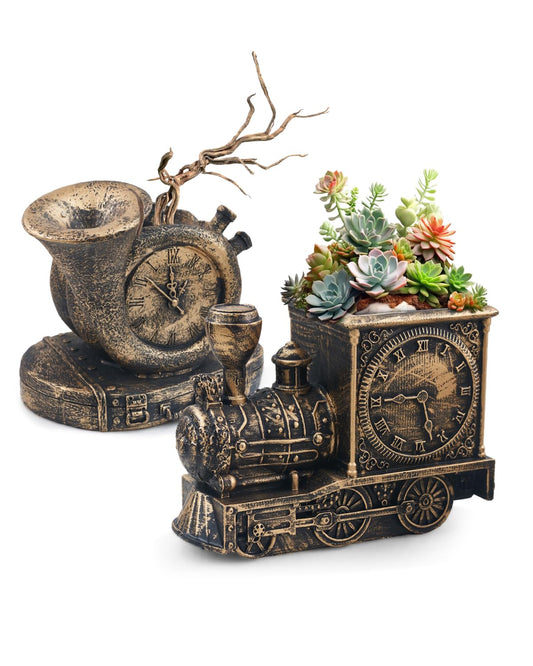 Retro-Style Succulent Pots with Drainage, Indoor/Outdoor Planter, Nostalgic Cactus/Bonsai Garden Pots for Home Decoration and Office Desk Decoration, Vintage Artwork (2 Piece Set) (Bronze-Colored)