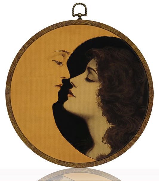 Vintage Celestial Round Wall Art,Romantic Moon Girl Canvas Prints Circular Artwork,Surreal Moon and Lady Hanging Decor for Bedroom Gallery or Dreamy Space, Unique Gift for Women 10x10Inch (Black)