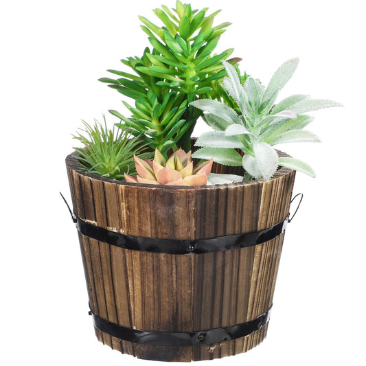 Healeved Wooden Round Barrel Planter Flower Pot for Succulents with Permeable Bottom 7.08X7.08X5.9 Inches Indoor Outdoor Home Office Garden D Cor