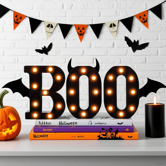 3 Pcs LED Marquee Light Up Letters Black Boo Sign Halloween Decorations Indoor Boo Halloween Lights for Home Kitchen Tabletop Fireplace Party Decoration (Orange)