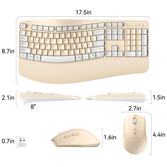 Ergonomic Wireless Keyboard and Mouse Combo, Wave Keys Keyboard with Wrist Rest for Natural Typing, 3 DPI Adjustable Ergonomic Silent Mouse for Computer/Laptop/Windows/Mac (Latte Color-A)