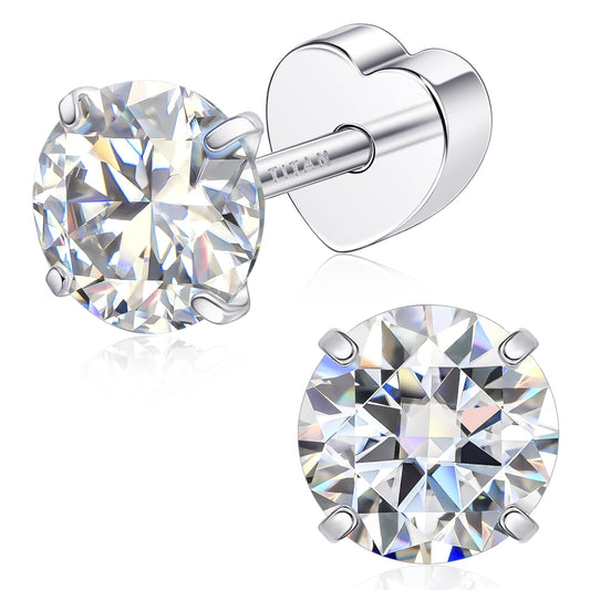 Limerencia Moissanite Stud Earrings for Women Men, F136 Hypoallergenic Titanium Earrings for Sensitive Ears, 18K White Gold Plated Heart Flat Back, D Color VVS1 Clarity, GRA Certificate