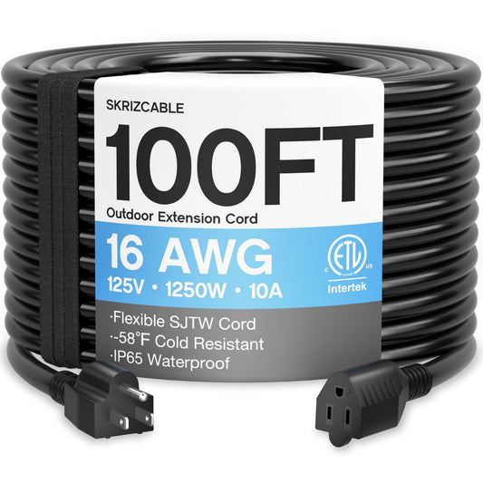 16/3 100 Ft Outdoor Extension Cord Waterproof, Weatherproof & Flame Retardant Black 3 Prong Power Cord Outside for Lawn & Garden, 16AWG 10A 1250W 125V SJTW ETL Listed