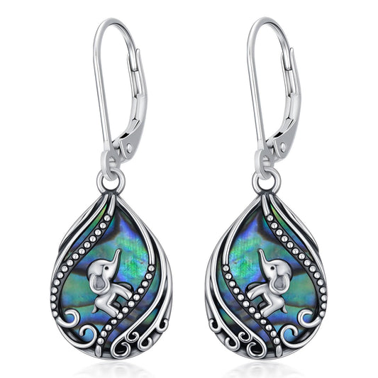 YYmqmq Elephant Earrings for Women 925 Sterling Sliver Abalone Dangle Earrings Leverback Abalone Shell Jewelry Elephant Gifts for Women Girlfriend