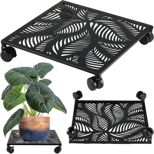 1-pack 13.5 Inches Square Metal Plant Caddy with Wheels Heavy Duty Large Rolling Plant Stand Indoor Outdoor Wheeled Planter Dolly Cart with Lockable Casters Flower Pot Mover Roller Trolley, Black