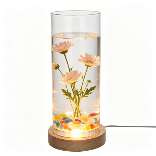 Glass Cylinder Vase with LED Wooden Base - 7.9 Inch Clear Glass Flower Bud Vase Pampas Grass, Light Up Terrarium for Plants, Fish Bowl Centerpiece, Home Decor Gift for Women Mom - Warm Light