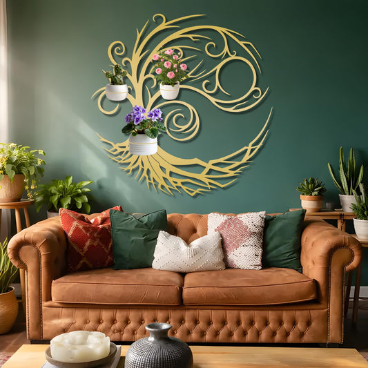 Tree of Life Metal Plant Wall Holders, Metal Tree Wall Mounted Plant Holder, Branch Hanging Planters for Living Room, Kitchen, Fireplace (Gold, 35"x 35"| 90x90cm, 3 Pack 5" Flower Pot Holder Ring)