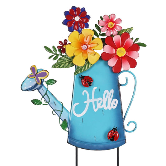 hogardeck Garden Decor for Outside, Metal Watering Can Decorative Garden Stakes with Flowers, Yard Art Welcome Spring Signs for Outdoor Lawn Backyard Porch Patio Garden Decorations