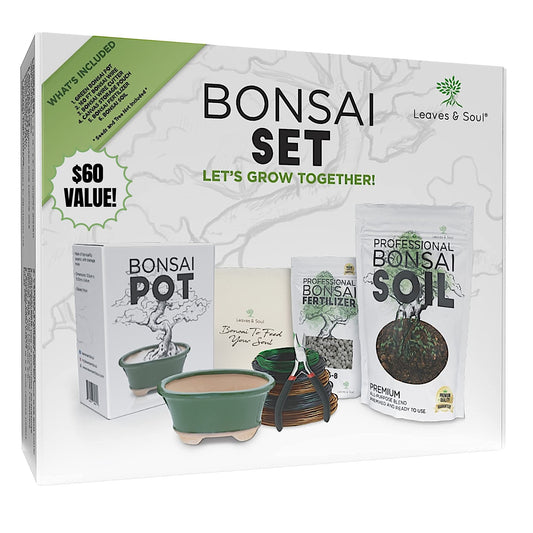 Leaves and Soul Complete Bonsai Kit – Green Oval Ceramic Pot with Soil, Fertilizer, 160ft Training Wire, Cutter & Storage Bag | DIY Bonsai Repotting Starter Kit for Tree Growing