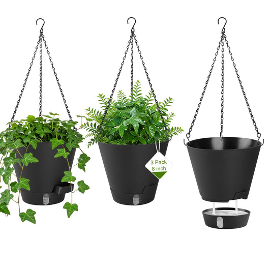 8 Inch Hanging Planters Indoor Outdoor, 3 Pack Plastic Self Watering Plant Pots with Drainage Holes & Saucers, Hanging Baskets Flower Pots with Chain for Ivy, Spider Plant, Pothos, Ferns