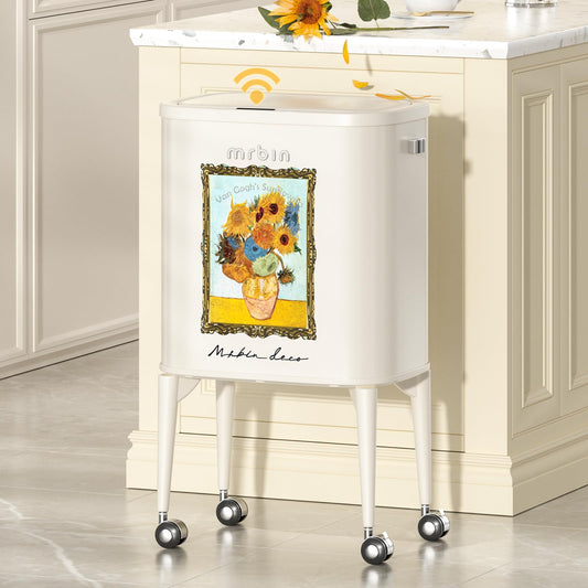 MRBIN Metal Motion Sensor Kitchen Trash Can with Wheel Legs, 36L / 9.5gal Medium Press Lid Slim Waste Basket, Pet Proof Tall Narrow Garbage Pail for Vanity, Bedroom, Bathroom, Living Room, Sunflower