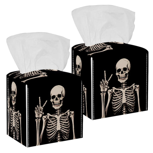 Human Skeleton Tissue Box Cover Square Tissue Box Holder Waterproof Leather Facial Paper Organizer Dispenser for Bathroom Home Car Nightstand Vanity Desk