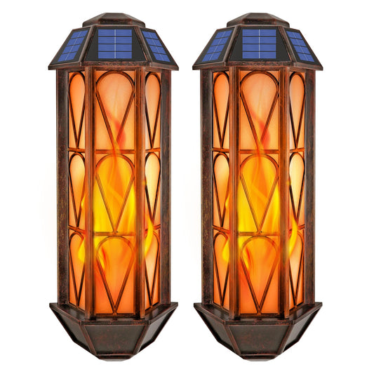 Solar Flame Wall Sconce Lights Outdoor, 74 LED Flickering Flame Sconces, Solar Powered Auto On/Off, Waterproof Wall Lanterns for House Garage Doorway Garden Porch Patio Yard Decoration (2 Pack)
