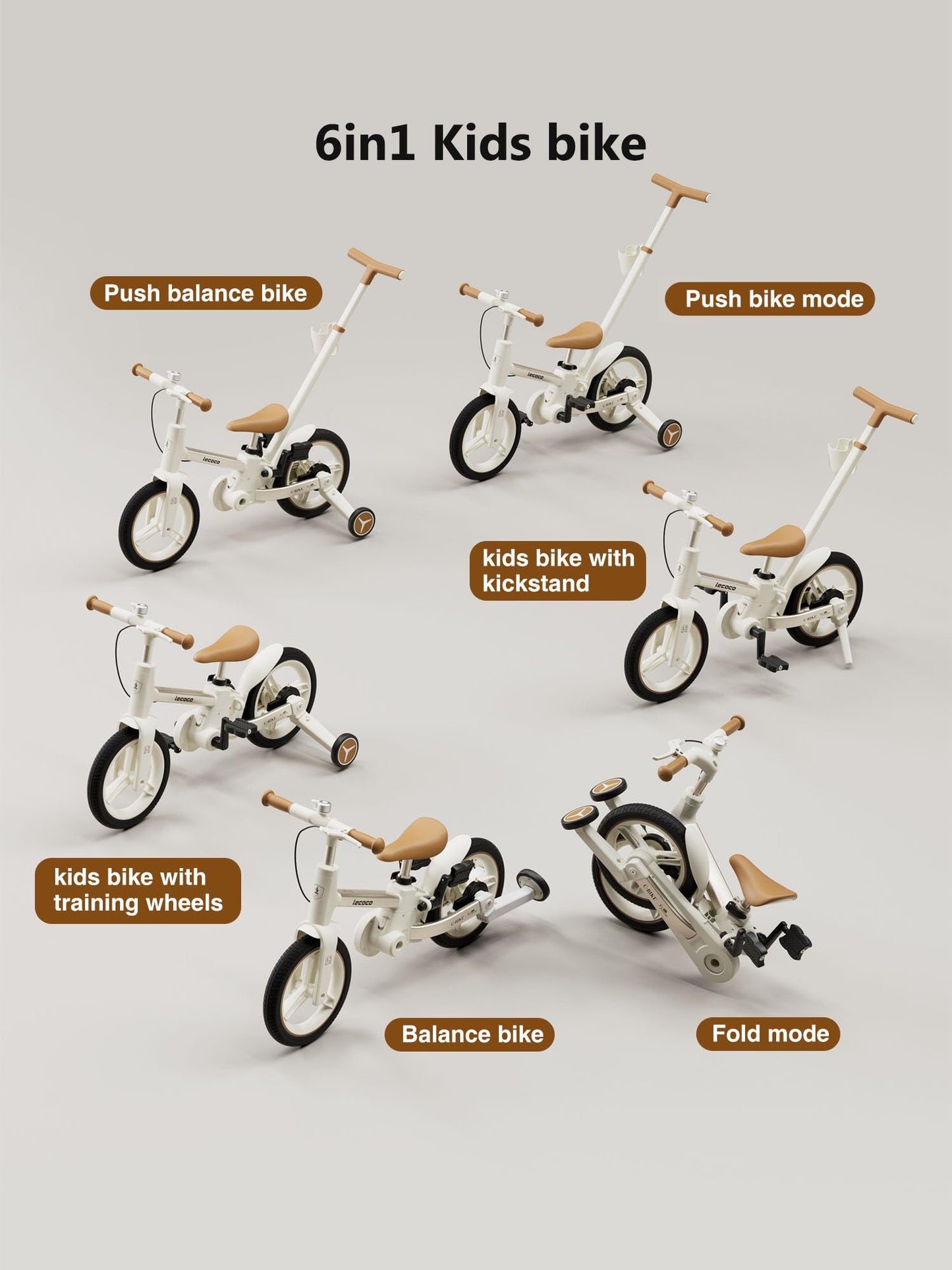 lecoco Upgraded Toddler Bike with Push Handle 6 in 1 for Kids, Balance Bicycle Toys with Training Wheels, Brackes, Cup Holder, Pedal, Kickstand Birthday Gift for Boys and Girls
