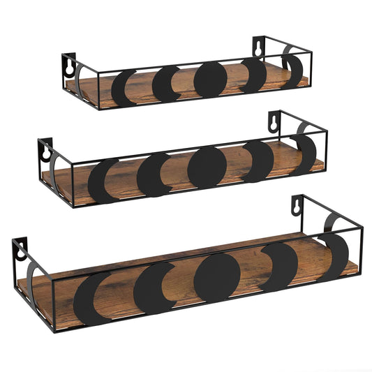 PHAREGE Black and Brown Floating Wall Shelves, Set of 3 Moon Phase Decorative Small Shelves for Bedroom Kid Room, Display Shelf for Crystal Collectibles Figurine
