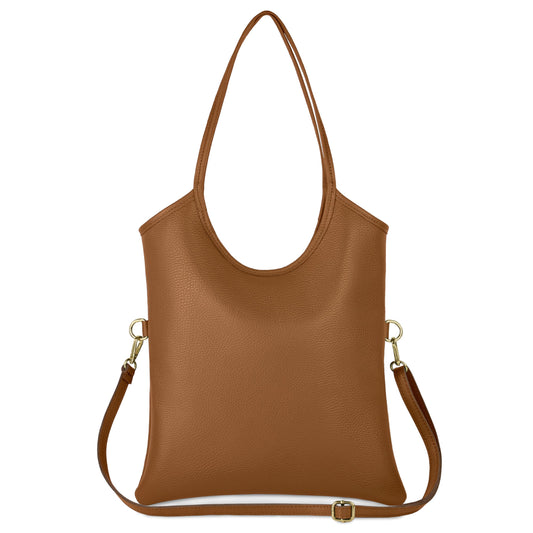 Italian Calf Leather Tote Bag for Women with Zipper & Adjustable Strap | Medium Pebbled Soft Shoulder Handbag (Brown)