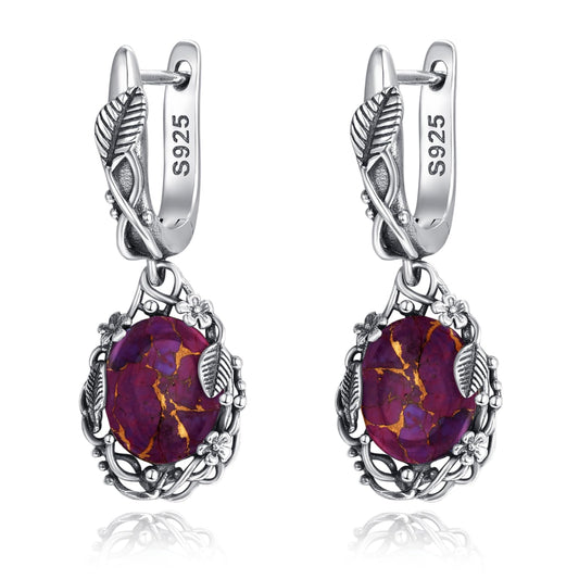 Phyonio Oval Purple Turquoise Dangle Earrings for Women Leaf Vine Flower Latch Back 925 Sterling Silver Earring Vintage Oxidised Bohemian Valentines Day Gift for Wife