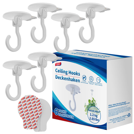 TAILI Adhesive Ceiling Hooks for Hanging Plants, Heavy Duty No-Drill Removable Sticky Wall Hooks Hanging Christmas Lights Garland Coat for Door Kitchen, Renter Friendly - 6 Pack White