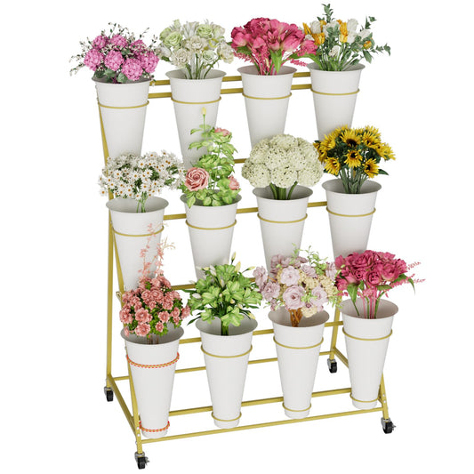 NEYCIL Flower Stand, 3 Tier Flower Display Stand with 12 Buckets, Upgrade Double Circle No Shaking, Outdoor Flower Cart with Wheels for Patio, Garden, Shop, Wedding, Party, Exhibition, Indoor, Gold