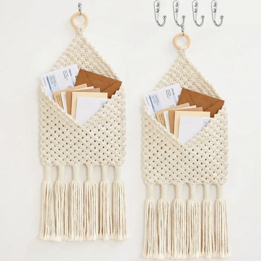 Marspark 2 Pack Boho Mail Holder for Wall, Handwoven Mail Organizer with Hooks, Cotton Rope Hanging Basket for Letters, Keys and Small Items for Entryway Home Office Hallway Decor, White