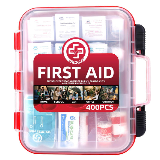 Gevoke 400 Piece First Aid Kit - Organized Dual-Layer Wall-Mountable Hard Case Medical Kit for Home, Car, Camping, Travel, Hiking, Truck, Office, Sports, Vehicle & Outdoor Emergencies