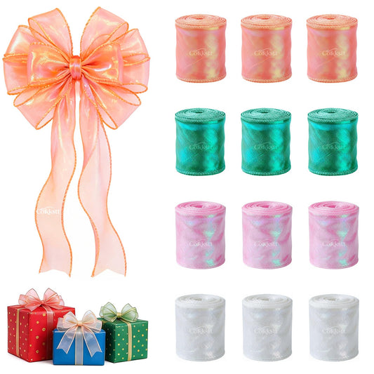 12 Pcs Iridescent Sheer Organza Ribbon, 120 Yards Total (2.4" x 10Yards), 4 Colors Chiffon Decorative Ribbon for Gift Wrapping, Bows, Bouquets, Wedding & DIY Crafts (Pink/White/Orange/Green)