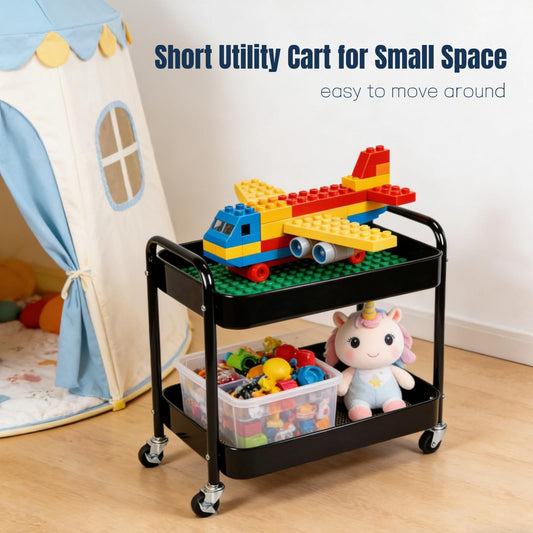 LIWNYRK 2 Tier Rolling Cart with Wheels for Under Desk Storage & Pantry Room, Large Capacity Laundry Room & Makeup Organizer, Sturdy Kitchen Utility Cart for Small Space with 4 Hooks, Black