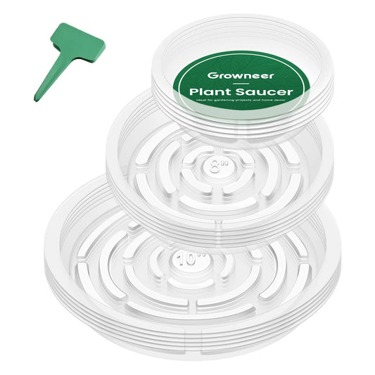 GROWNEER 15 Pack of 6, 8, 10 Inches Clear Plant Saucers Flower Pot Trays, with 15 Pcs Plant Labels, Plastic Plant Drip Trays for Indoor Outdoor Plants Garden, 5pcs of Each Size