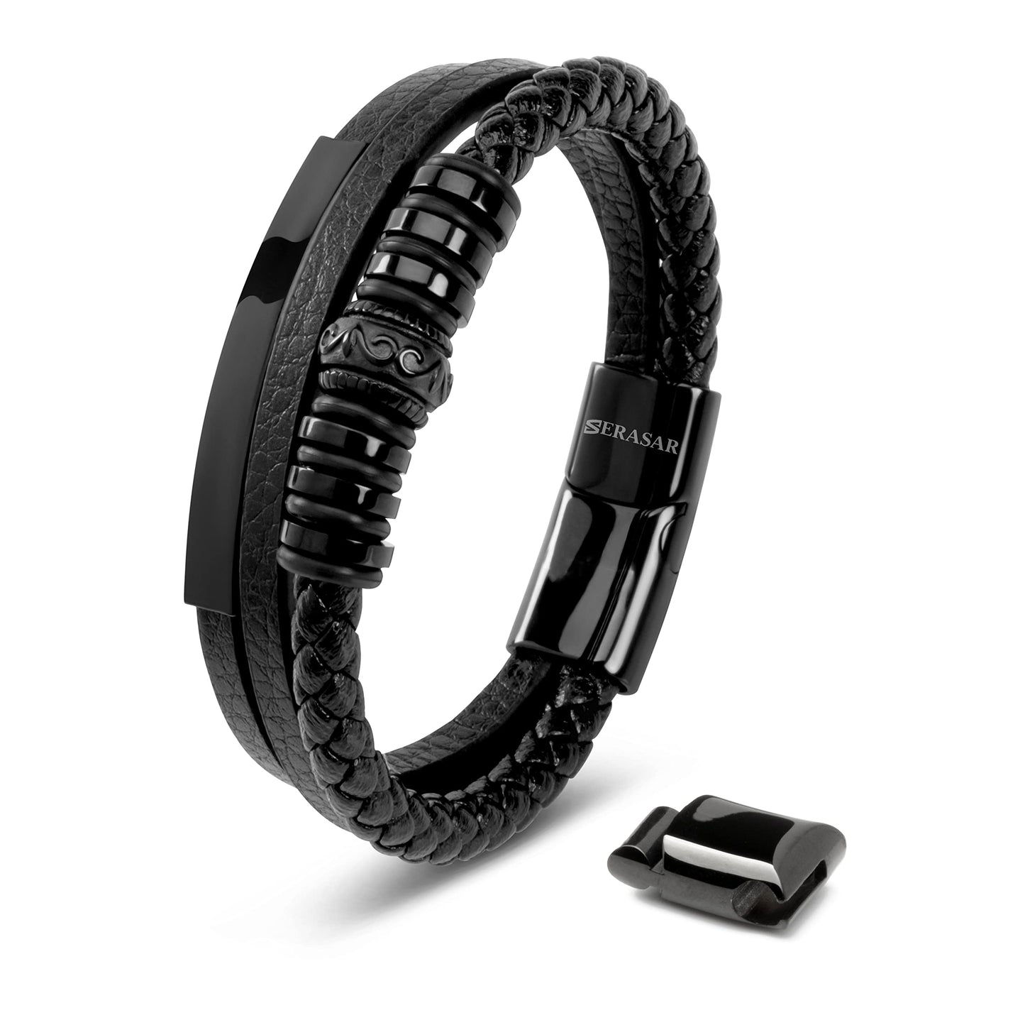 SERASAR 8″ Black Leather Bracelets for Men Mens Cowhide Gift Box Braided Bracelet Stainless Steel Jewelry Wrist Band Cuff Wrap Rope Bangle Dad Man Pulseras para Hombres Cuero Regalo