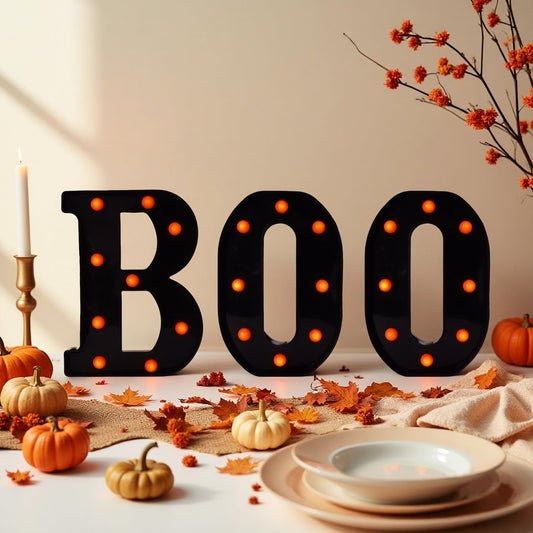 Halloween Decorations Indoor Outdoor - Boo Light Up Letters Sign, Battery Powered Marquee Light Halloween Decor for Fireplace Mantel, Window, Porch, Party Home Decor(Black)