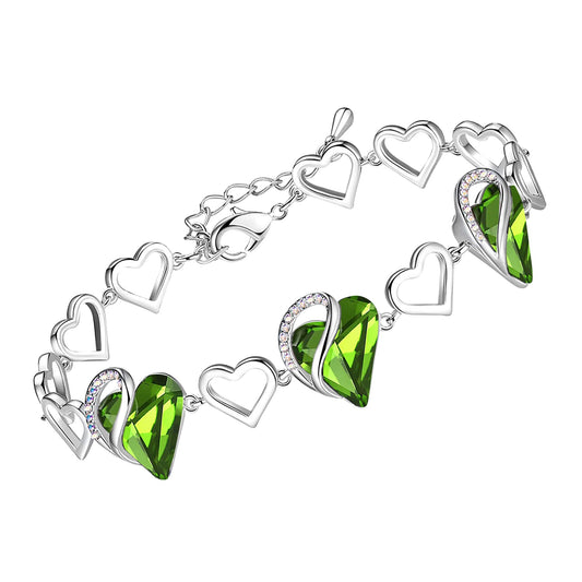 Leafael Infinity Love Heart Gift Bracelet for Women, August Birthstone Crystal, Peridot Green, Silver Tone, 7-inch Chain and 2-inch Extender