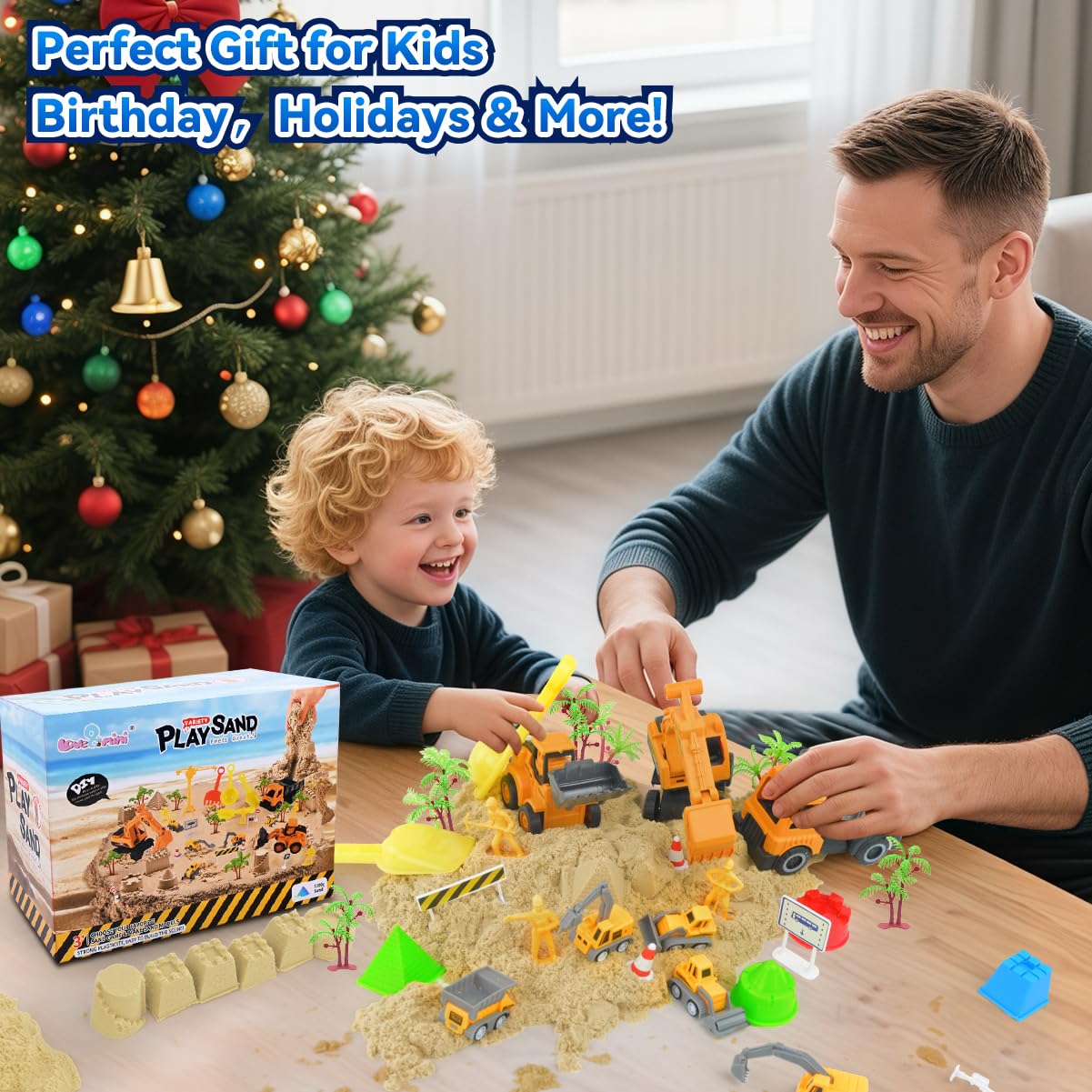 Sensory Beach Toys for Toddlers - 44PCS Sand Construction Kit with 8 Trucks, Foldable Sandbox, 2.7lbs Magic Sand, Crane, Signs, Molds, Shovel – Outoor Toys for Boys & Girls Ages 3+