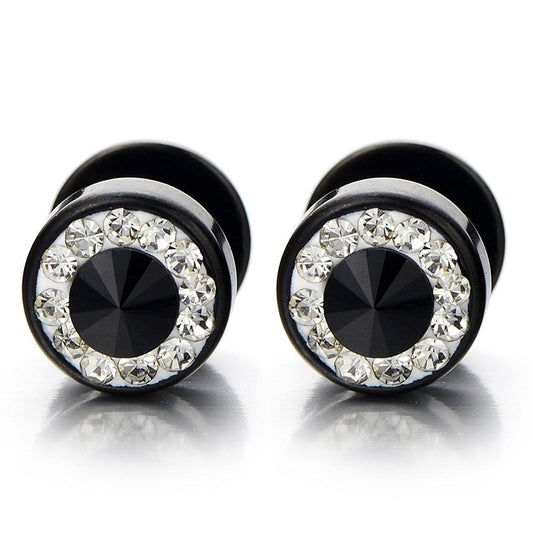 10mm Mens Black Stud Earrings Stainless Steel Illusion Tunnel Plug Screw Back with Cubic Zirconia, 2pcs